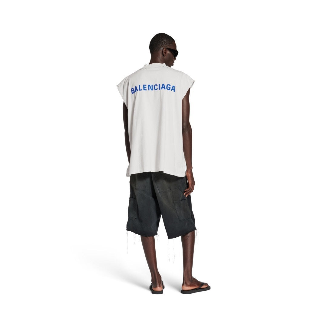 Canottiera Balenciaga Logo Blu Distressed Bianca
