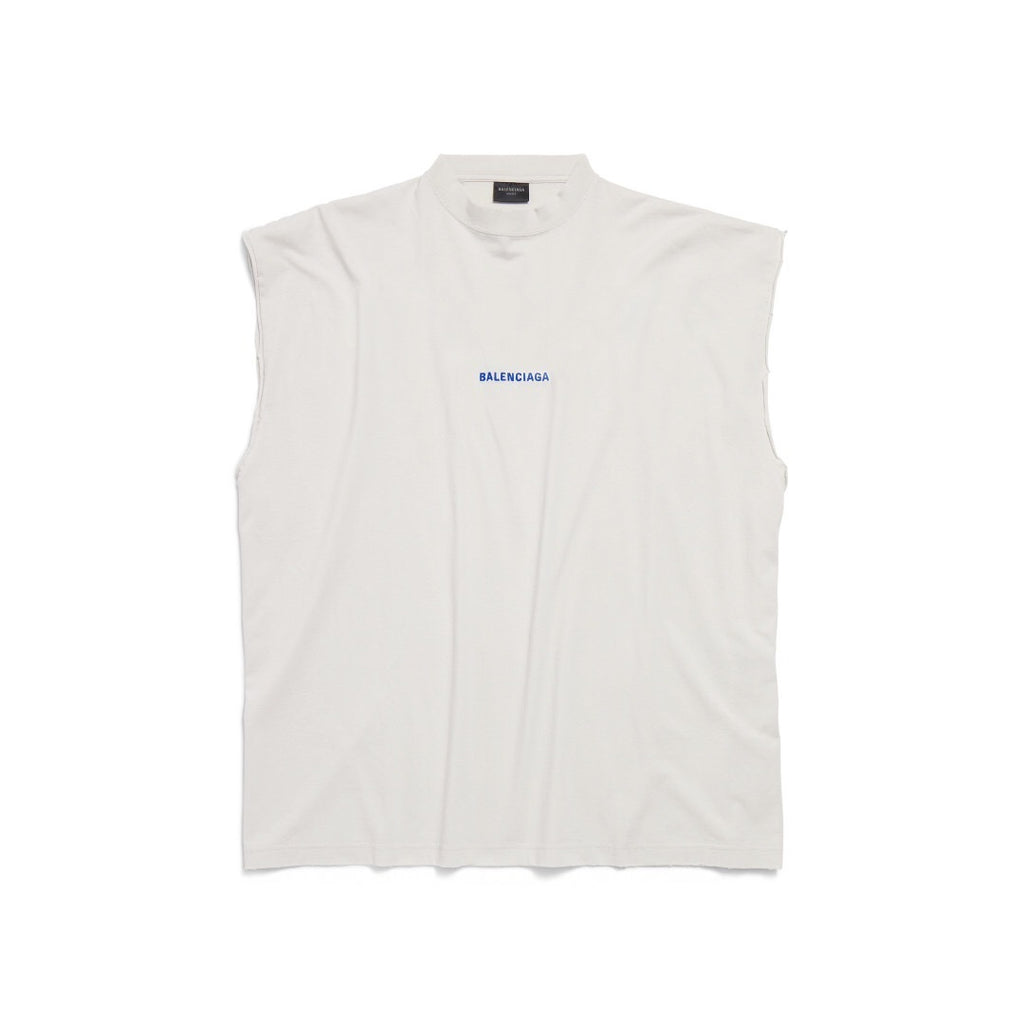 Canottiera Balenciaga Logo Blu Distressed Bianca