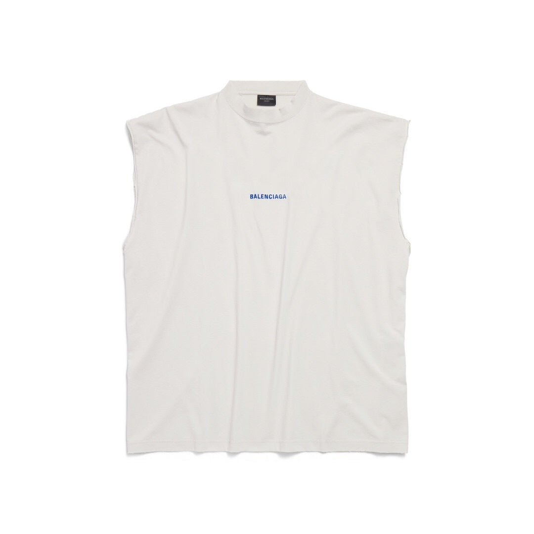 Canottiera Balenciaga Logo Blu Distressed Bianca