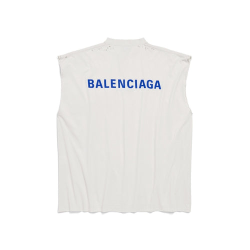 Canottiera Balenciaga Logo Blu Distressed Bianca