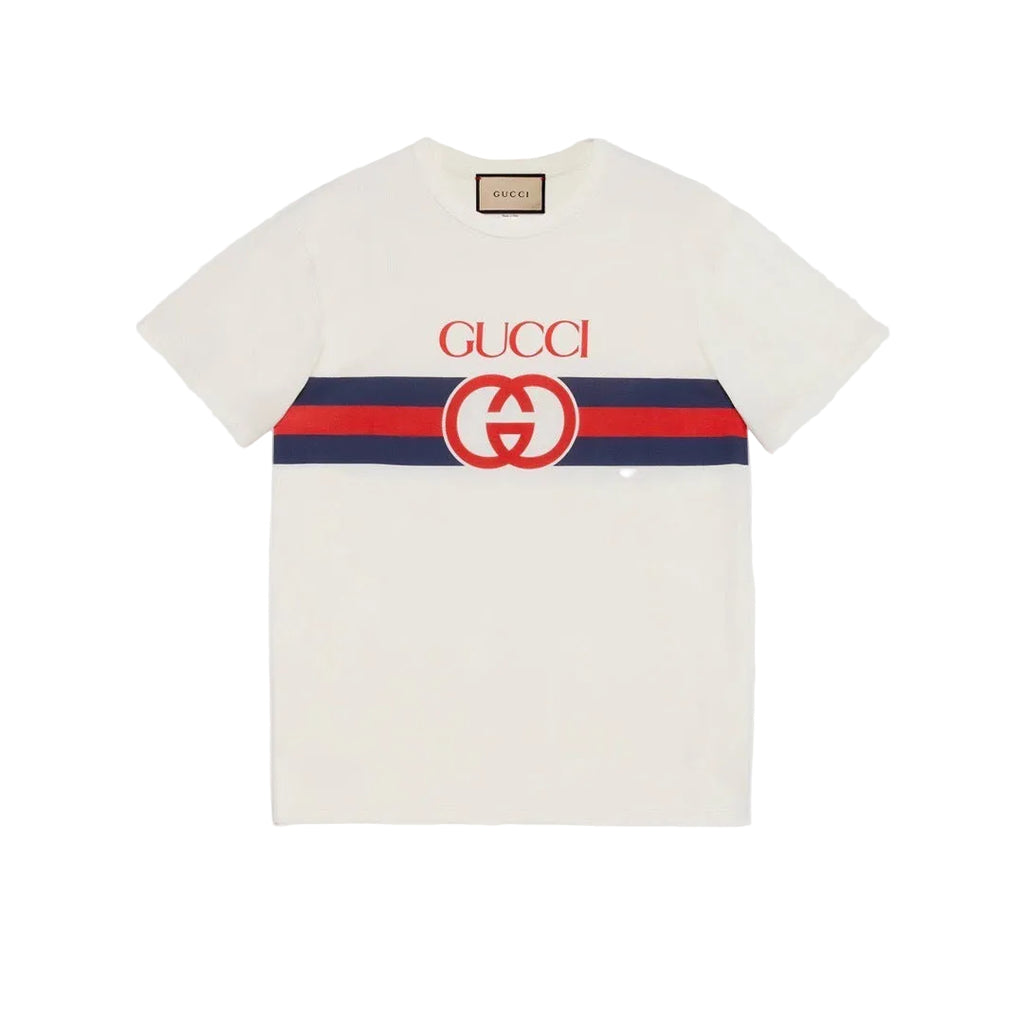 T-Shirt Logo Rosso Righe Blu Navy - Bianco