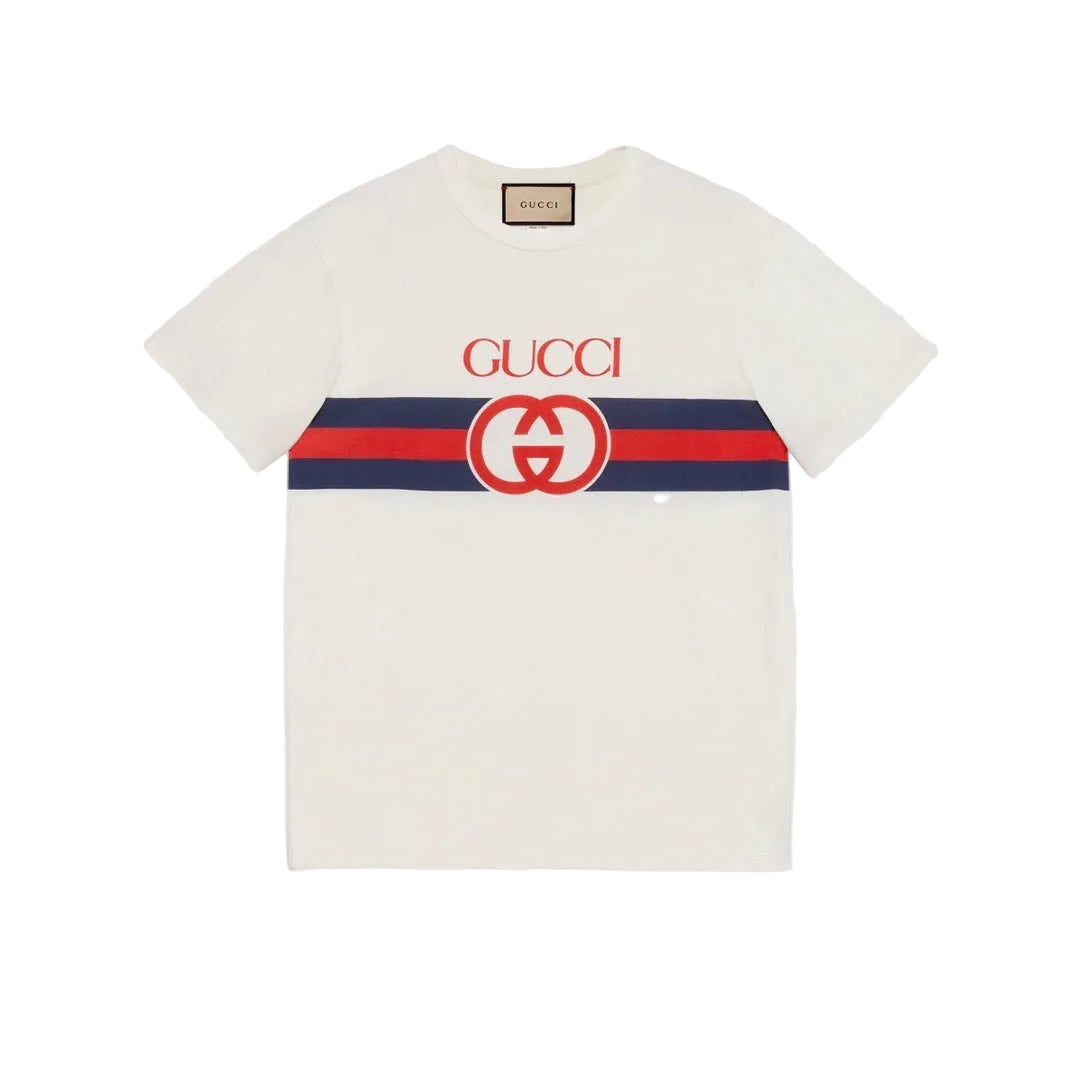 T-Shirt Logo Rosso Righe Blu Navy - Bianco