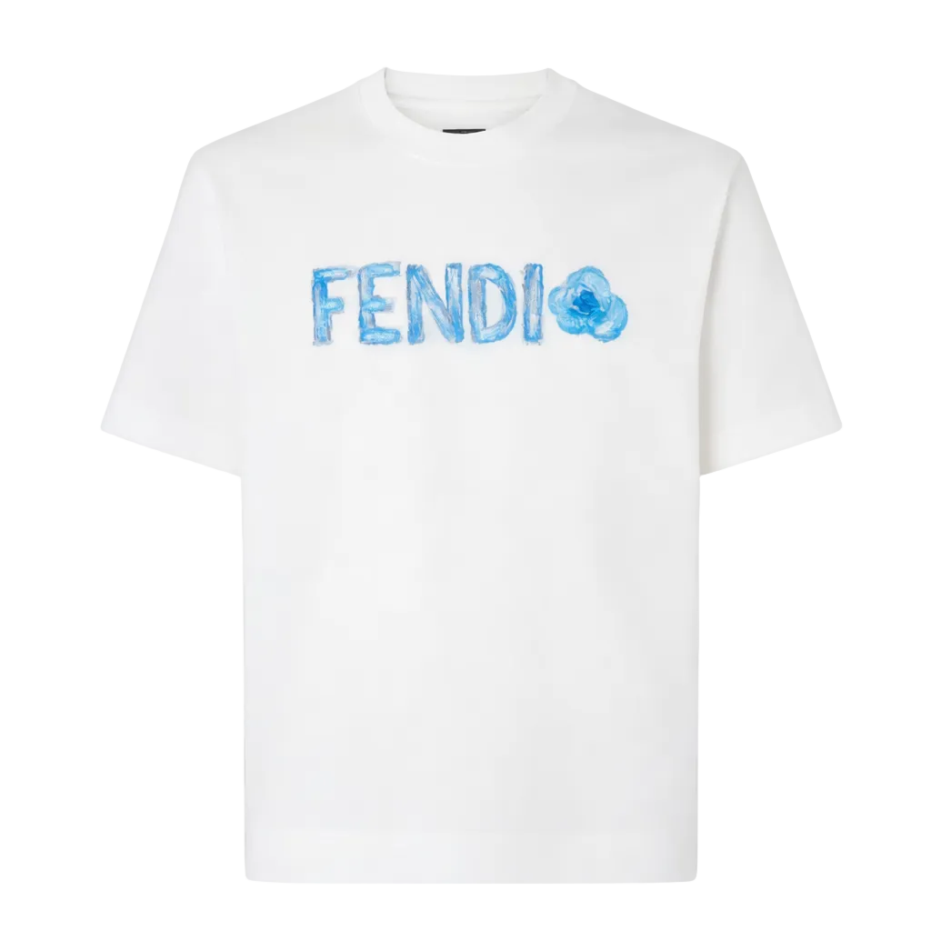 T-Shirt Fendi Logo Azzurro Effetto Acqua - Bianco