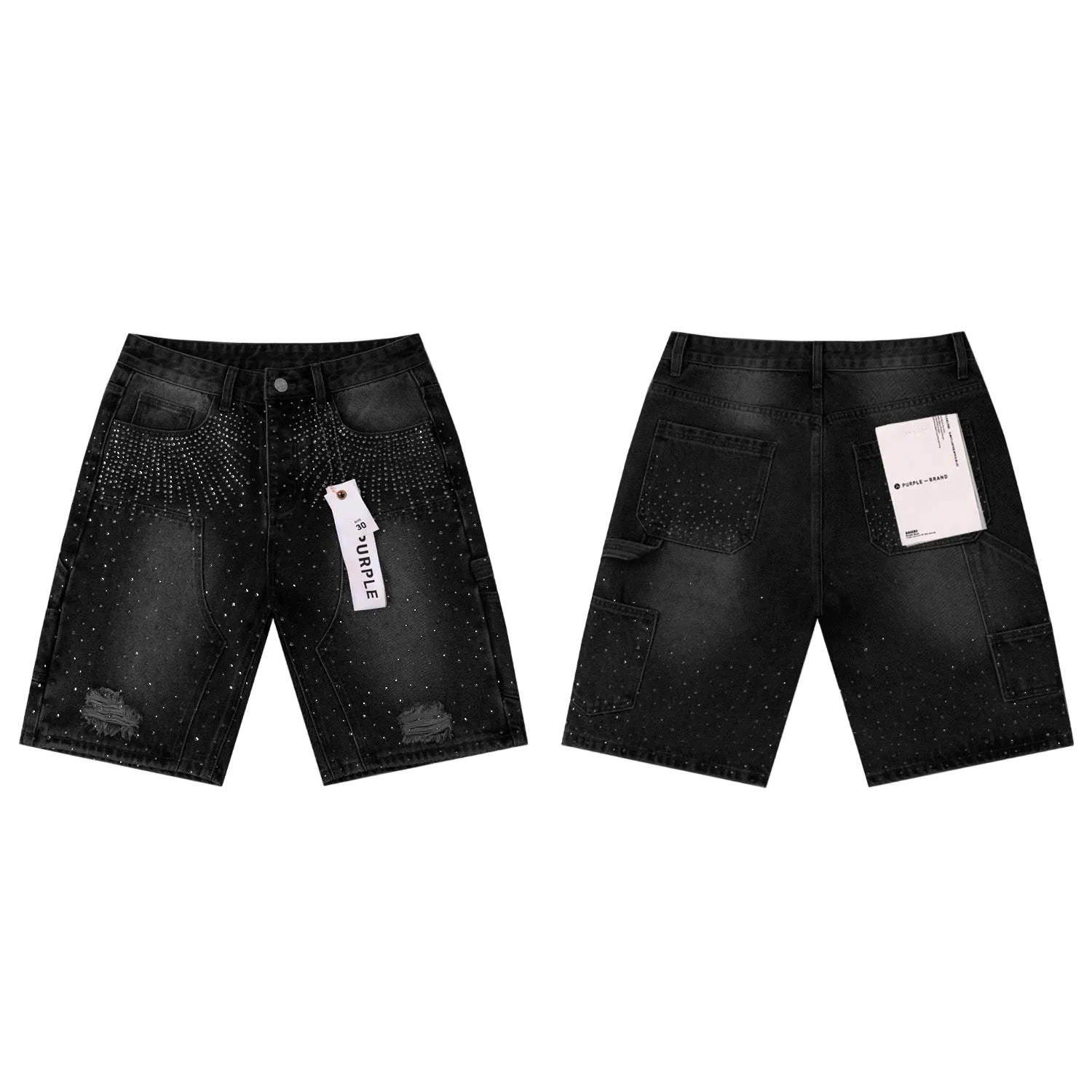 Purple Crystal Cargo Distressed Denim Shorts