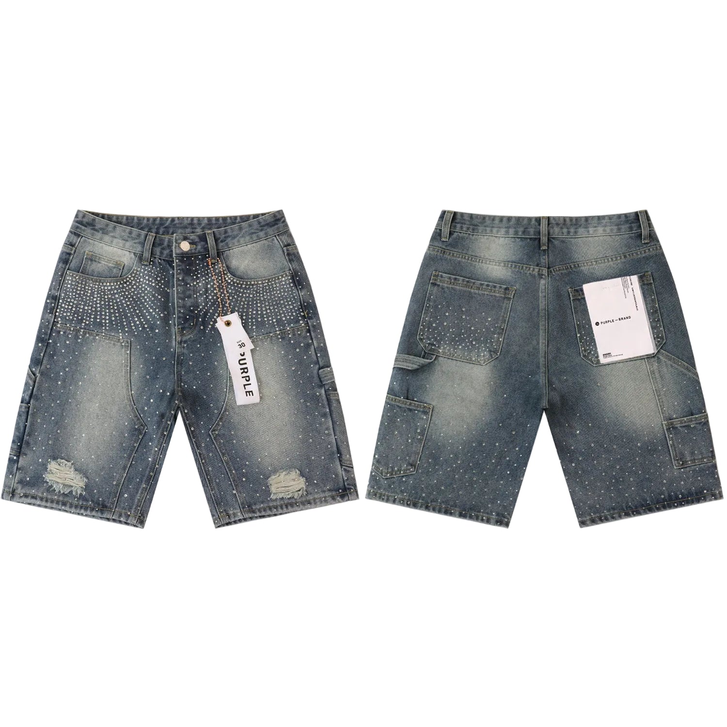 Purple Crystal Cargo Distressed Denim Shorts