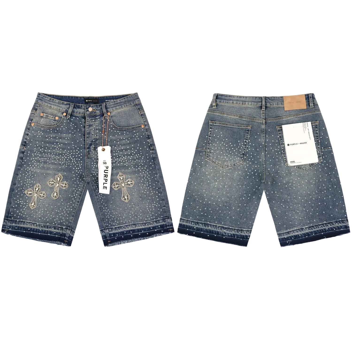 Purple Crystal Cross Denim Shorts