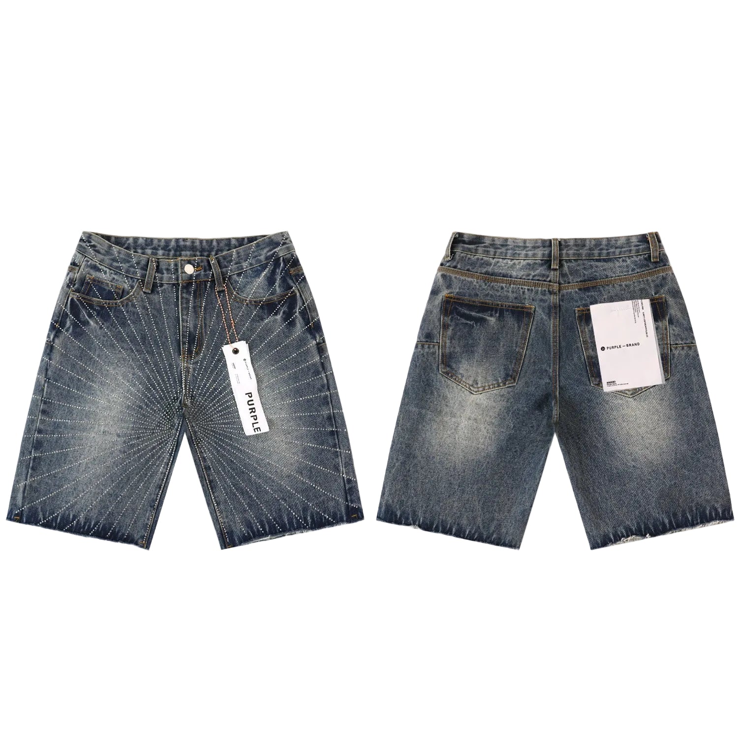 Purple Linear Ray Crystal Denim Shorts