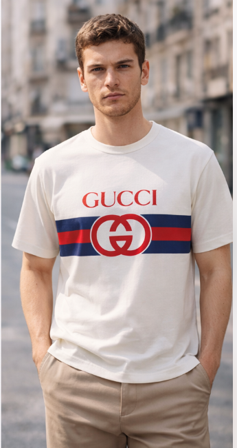 T-Shirt Logo Rosso Righe Blu Navy - Bianco