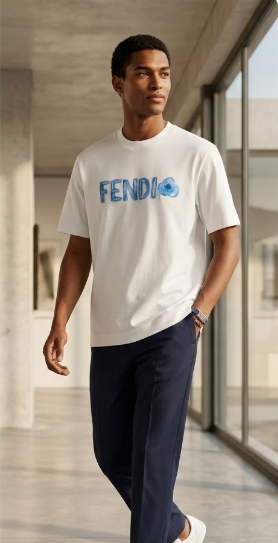 T-Shirt Fendi Logo Azzurro Effetto Acqua - Bianco