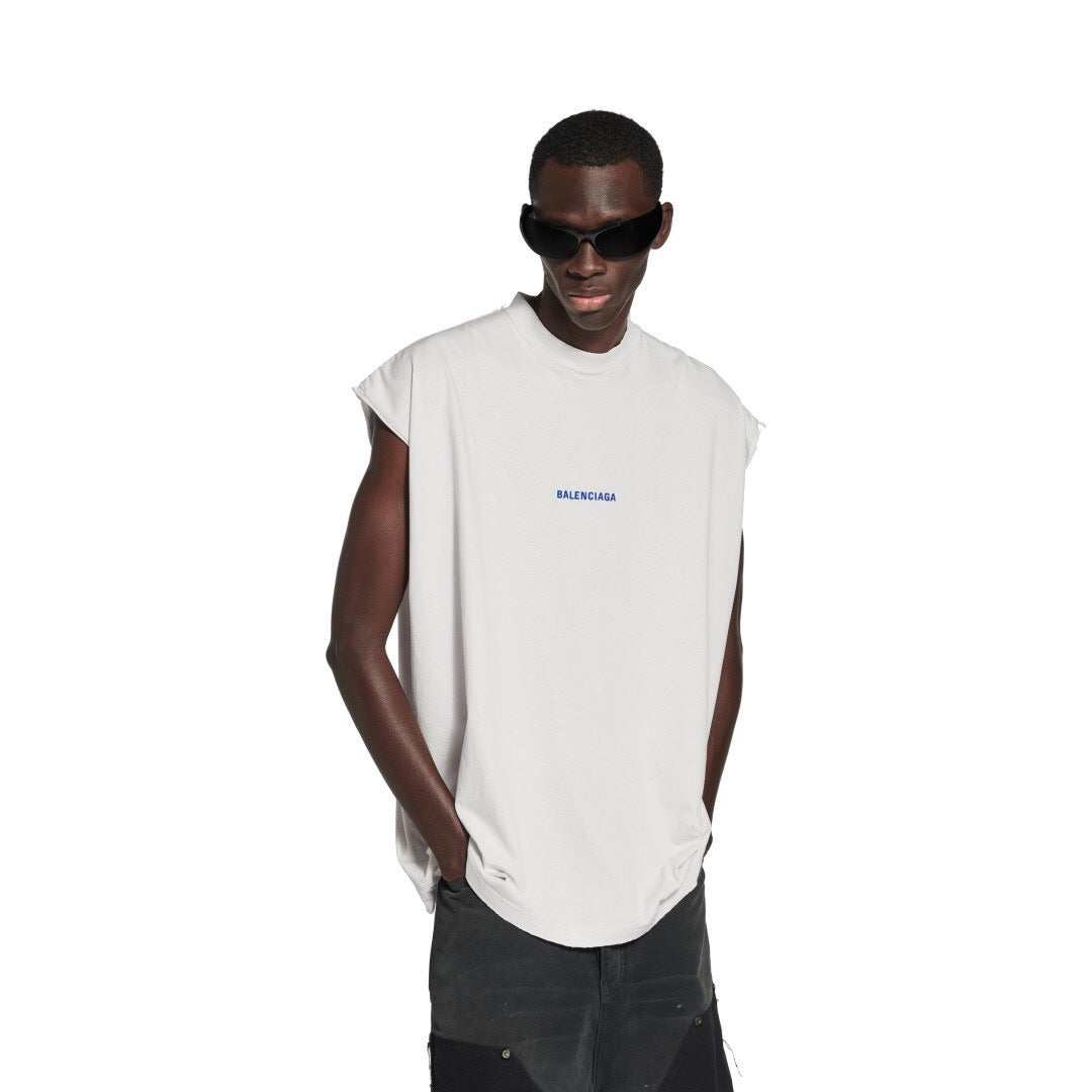 Canottiera Balenciaga Logo Blu Distressed Bianca